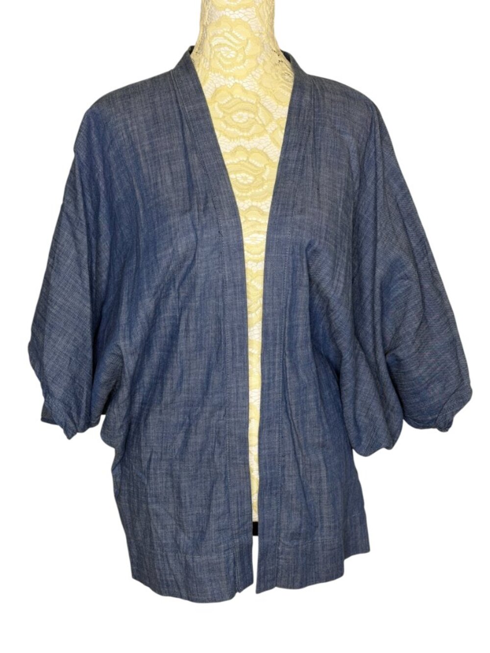 Curator Love Me Tender Open Front Jacket Dolman Top Chambray Blue S